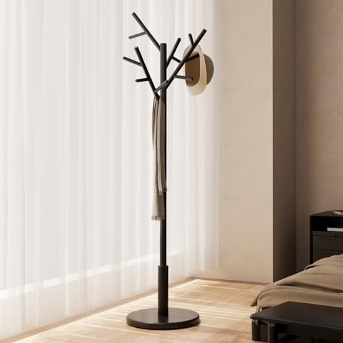 AQIMUELE Attaccapanni, Appendiabiti da Terra in Legno, 12 Ganci, 3 Altezze, per Cappotti, Cappelli e Borse, per Ingresso, Ganci e Palo in Legno di Gomma, Design ad Albero, Nero