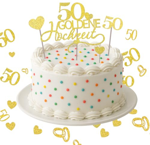 ALLY-MAGIC Goldene Hochzeit Deko Set, Goldenehochzeit Cake Topper, 50 Deko Hochzeit Tischdeko, Gold Glitzer Tortendeko und Konfetti für das 50. Jubiläum, 50 Hochzeitstag E21-50SCPZXTZ