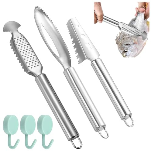Tkxjry 3 Stück Fischentschupper Entferner, Entferner Fisch Entschuppen, Fischschuppenschaber, Edelstahl Fischentschupper, Fischschuppen Entferner, für Küche, Meeresfrüchte Märkte(Mit 3 Stück Haken)
