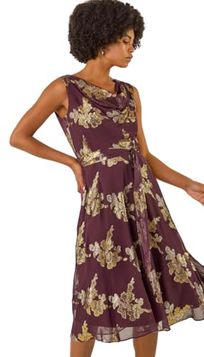 Roman Originals Floral Print Cowl Neck Dress for Women UK - Ladies Everyday Holiday Spring Summer Comfy Soft Evening Vacation Work Party - Plum - Size 18 Purple
