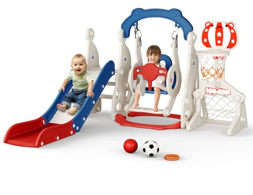 Tobogán para niños con aro de Baloncesto, tobogán temático de Alce, Parque Infantil Interior y Exterior, Kit de Juego de Escalada Independiente con tobogán para bebés (Rojo Columpio-6)