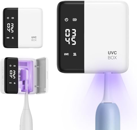 Ankilo UV-Zahnbürstensterilisator & Halter, Elektrisch mit 60°C Trockner, LED-Anzeige Uhr, Wiederaufladbar & Wandmontage Ohne Bohren,für Badezimmer, Zuhause, Reisen