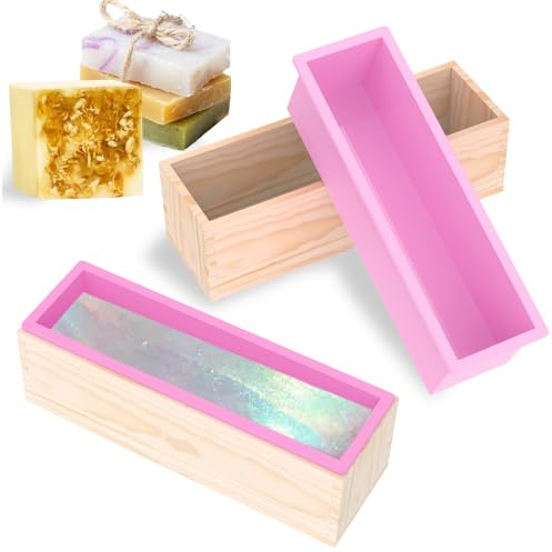 2 Stück Seifenformen Silikon, 1200ML Seifenform mit Holzbox, Rechteckig Silikonform Seife, Seifenherstellung Zubehör Form, vielseitig Silikonformen für Seife Selber Machen Kuchen Pudding(Rosa,2 Sätze)