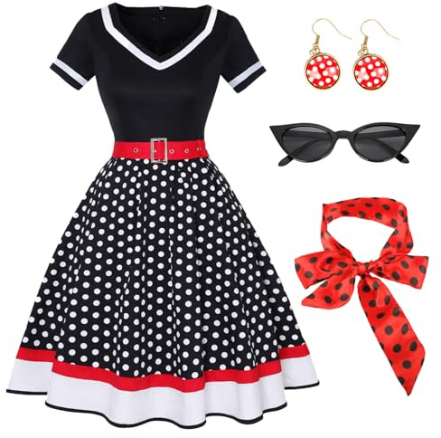 Tutukyle 50er Vintage Rockabilly Kleider Damen Kurzarm V-Ausschnitt Polka Dot Swing Coctailkleid mit Brille Polka Dot Stirnband Ohrringe Partykleid A-Linie Ballkleid Retro Karneval Party