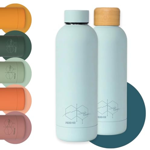 Perevor 1 Tundra Blue Water Bottle 500ml Insulated Stainless Steel w 2 Lids | 500ml insulated water bottle, leakproof | bamboo + colour-matched lids, BPA-free inners | stainless steel water flask