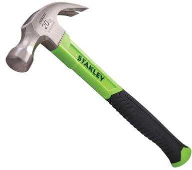 Stanley Fibreglass Hi-Vis Claw Hammer 567g (20oz), high-Carbon Steel Head Improves Durability and Strength.