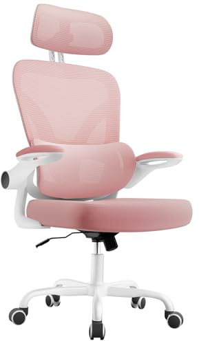 rattantree Sedia da Ufficio Ergonomica, Poltrona da Ufficio con Supporto Lombare 2D, Sedia Scrivania con Poggiatesta Regolabile 3D, Braccioli Ribaltabili a 90°per Casa Ufficio, Rosa