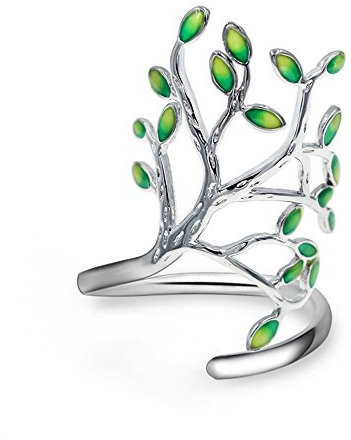 Uloveido, anello da donna con albero della vita, con foglie verdi smaltate e molla regolabile HR303 e Ottone, regolabile, colore: Platinum Plated, cod. HR303-BAI