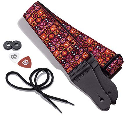 KLIQ Gewebter Retro-Gitarrengurt für Akustik- und E-Gitarren, 60er Jahre, Jacquardgewebe, Hootenanny-Stil, 2 Gummi-Gurtsicherungen im Lieferumfang enthalten (Classic-Woodstock Red)