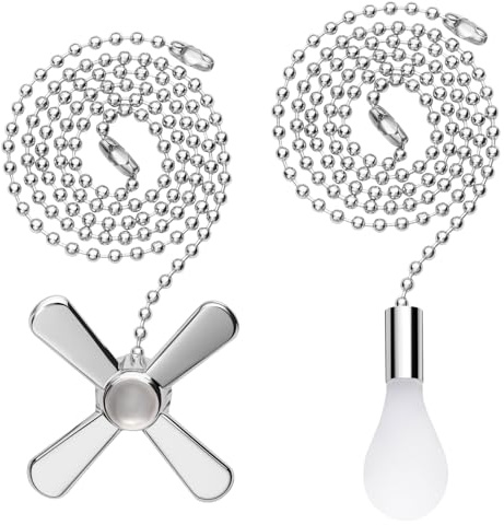 Ceiling Fan Pull Chain, 2pcs 24-inch 3mm Diameter Beaded Ball Extension Chains with Decorative Light Bulb and Fan Cord (Silver)