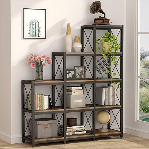 Tribesigns Industrielles Leiter-Eck-Bücherregal Mit 12 Regalen, 9 Würfel, Abgestuftes Etagere für Home Office (Rustikales Braun)