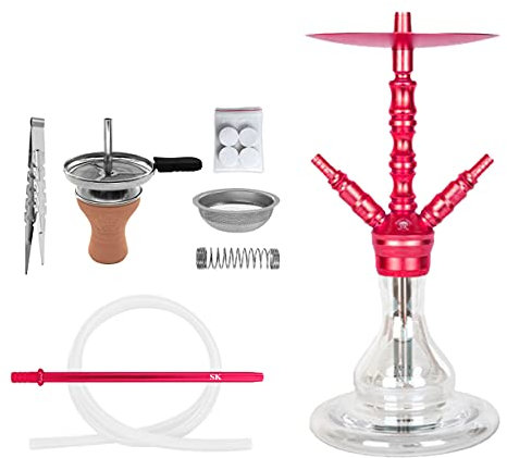 Shisha King® SKS 633 Fiesta Shisha Set Hookah 56 cm Alu + Zubehör | 2 Anschluss Wasserpfeife Komplett Set Silikonschlauch Kaminkopf Mundstück Kaminaufsatz 18/8 Schliff schöne stabile Glas Bowl (pink)