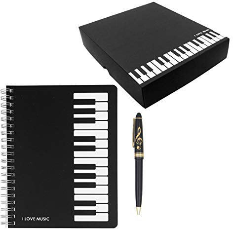 Entzückendes Schreibwaren-Set mit Klavier-Melodie-Thema, 1 x schwarzes Klaviernoten-Notizbuch mit 1 x Tintenroller im Violinschlüssel-Design (Klaviertastatur-Stil)
