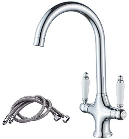 Kitchen Mixer Taps,NewEast Traditional Ceramic Dual Lever Chrome Kitchen Sink Tap with UK Standard Fittings