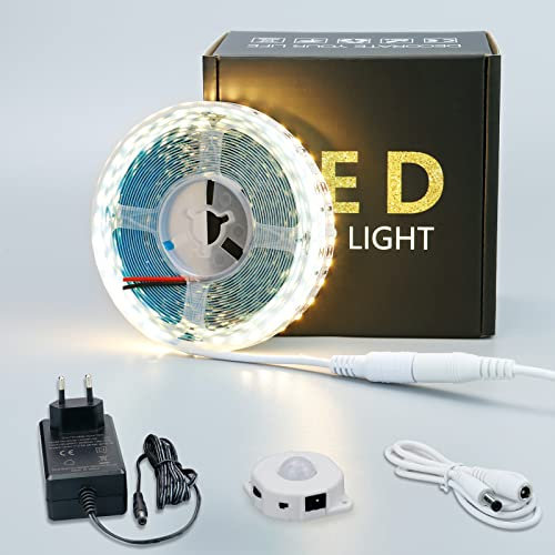 JOYLIT Kit de Tira de Luces LED con Sensor de Movimiento 5M 3000K Blanco Cálido 600LED SMD 2835, Luces de Cinta Brillantes Adhesivas Activadas Movimiento para Escaleras, Despensa, Armario, Gabinete