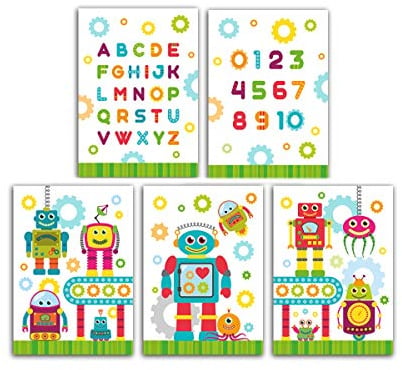 Junaversum Plakat für Kinderzimmer Roboter Zahlen Buchstaben ABC Poster Mädchen Jungen Deko für Babyzimmer Wandbilder A4 (5-er Set)