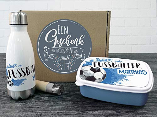GRAZDesign Fussballer Brotdose und Trinkflasche Set für Jungen personalisiert mit Namen aus Edelstahl 350ml | Geschenk zur Einschulung