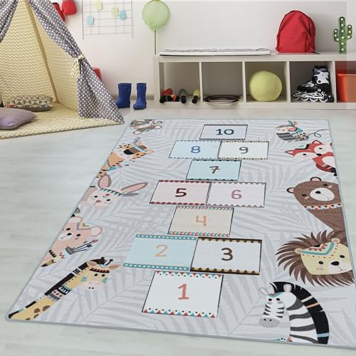 Kinderteppiche für Kinder Himmel und Hölle Spielteppich Indianer Tiere mit Hüpfkästchen Design Waschbar Jungen & Mädchen Teppich Kinderzimmer Babyzimmer Läufer Teppich Farbe: Grau Grösse: 80 x 120 cm