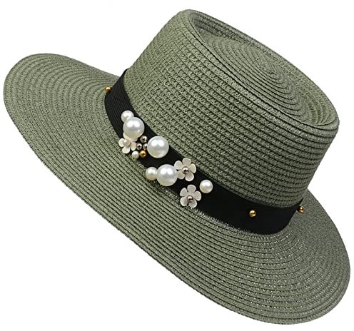 YiyiLai Panama Femme en Paille Chapeau de Soleil Ruban de Perles Plage Mariage Voyage Léger Herbe Vert
