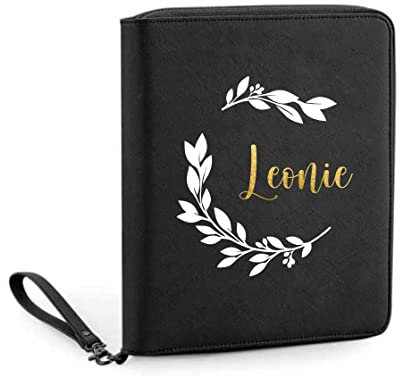 AWASG Organizer mit Namen personalisiert | Motiv Blumenkranz | Familienorganizer Reisemappe Dokumententasche viele Fächer Reisepass Karten Unterlagen Impfpass (schwarz)