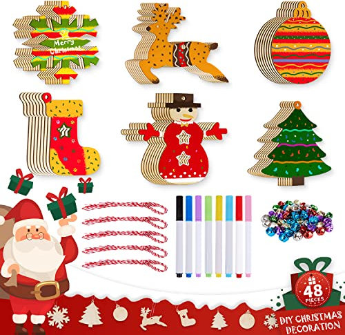 Lanpn Basteln Weihnachten Kinder, Weihnachtsbasteln Set Weihnachtsdeko Deko Weihnachten Weihnachts Holzanhänger Baumanhänger Holz zum Bemalen Erwachsene (48pcs)