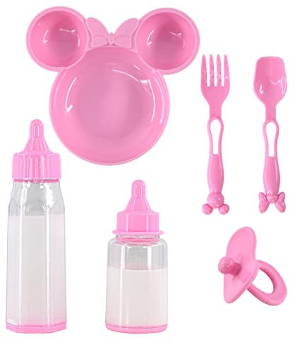 6 Pc Baby Doll Feeding Set Age 3+ with Two Magic Milk Bottles, Dummy, Plate, Fork & Spoon Pretend Play Doll Accessories Girls Boys Toy Playset Gift for Kids