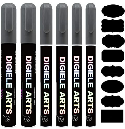 Kreidestift Silber, DIGIELE Kreidestifte Silber 1mm / 3mm / 6mm Stiftspitze, 6 Stück Kreidemarker + 16 Tafel Labels, Trocken oder Feucht Abwischbare Flüssigkreide für Whiteboard, Tafel, Fenster & Glas