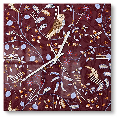DEQORI Glasuhr | 30x30 cm | Motiv Eulen in Blätterranken | ausgefallene leise Design Uhr aus Glas | Wanduhr für Wohnzimmer & Küche | moderne Hingucker Uhr für die Wand
