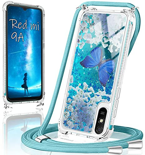 Handykette für Xiaomi Redmi 9A Hülle mit Band,Handyhülle Xiaomi Redmi 9A Glitzer Schmetterling mit Kette TPU Slim Bumper Kratzfest Transparent Stoßfest Schmetterling Schutzhülle mit Kordel