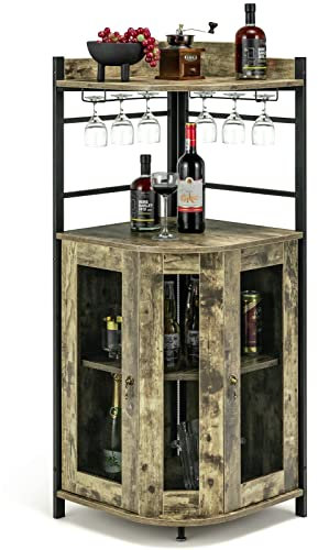 COSTWAY Corner Bar Cabinet, Industrial Wine Storage Sideboard with Glass Holder, Metal Mesh Doors, Adjustable Shelf & Anti-Tipping Devices, Buffet Display Cabinet for Home Kitchen (Oak Grey)
