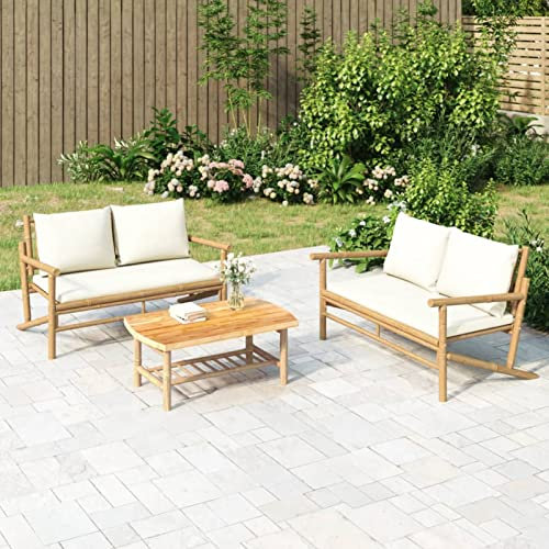 Homgoday Panca da Giardino con Cuscini Bianco Crema in bambù, Divani per Esterno da Giardino, Divano Terrazzo Giardino, Divano Salotto Esterno, Arredamento Giardino