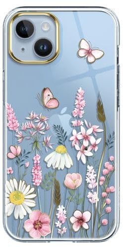 luolnh Compatible with iPhone 14 Case Clear TPU Bumper Phone Case Cover for iPhone 14 6.1 inch(Butterfly&Pink Flower)