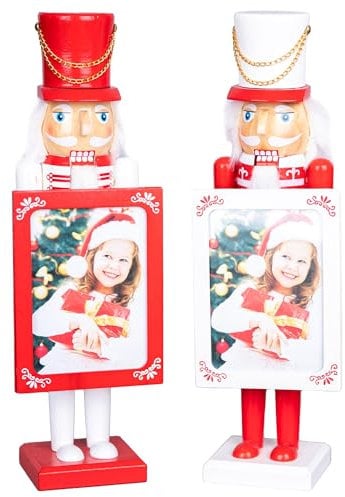 SHATCHI 38cm Red/White Wooden Christmas Nutcrackers Personalise Photo Frame - 2pcs Set - Soldiers King Puppet Figurines Xmas Home Decoration Ornament