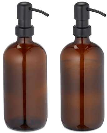 Relaxdays Glas Seifenspender, 2er Set, Edelstahl-Pumpkopf, nachfüllbar, Bad, Küche, Flüssigseifenspender, 500 ml, braun