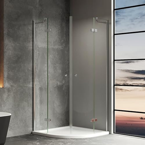 IMPTS Duschkabine Rund 90x90x185 cm, Runddusche Duschabtrennung Viertelkreis Falttür Viertelkreisdusche mit Diagonalen Sicherheitsstange, Inkl. Duschtasse & Ablauf