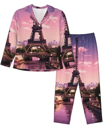 VducK Ensemble de pyjama 2 pièces pour femme Rose Paris à manches longues pour femme, Noir , XXL