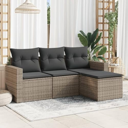 Homgoday 4-TLG. Garten-Sofagarnitur mit Kissen Gartenlounge Sofa Mit Stauraum Balkonsofa Balkonmöbel Gartensofa Set Lounge Sofa Ecksofa Garten Sitzgruppe Gartenmöbel Set Grau Poly Rattan