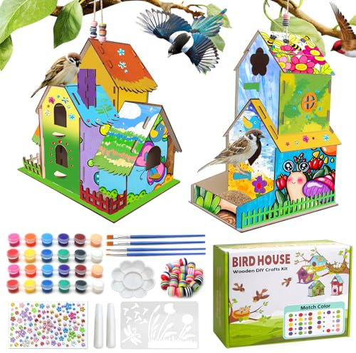 2 Pack Bird House & Feeder Arts, DIY Crafts for Kids Ages 4-8 & 8-12, Build & Paint Your Own Wooden Bird House Feeder, Children's Day Gift for Boy & Girl