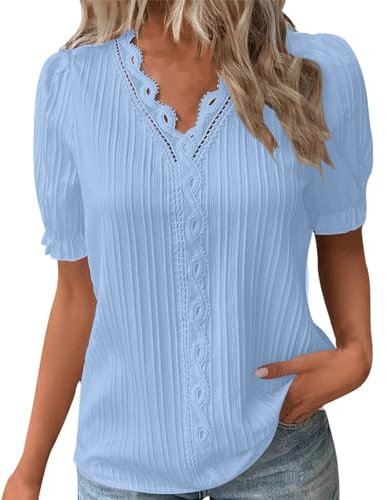 Tee Shirt Femme Col V Dentelle Tunique Femme Grande Taille été Léger Chemise Femme Chic Et élégant Manche Courte Blouse Top Haut Femme Ete Fluide Pas Cher Fashion Soiree (Bleu, XXL)