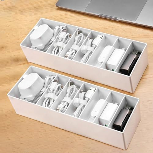 PAVSTINE Caja Organizadora Cables Blanco, 2 Piezas Organizador de Cables con Compartimentos Ajustables, Recoge Cables con 14 Sujetacables, Guarda Cables Uso en Múltiples Escenarios, Esconder pequeño