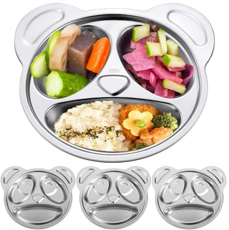 Set of 4 Stainless Steel Divided Plates, Food-Grade Unbreakable Dinner Plate, Plates 304 Stainless Divided Platter,Cute Panda Shape Divided Plates for Picky Eaters, Lunch, Camping