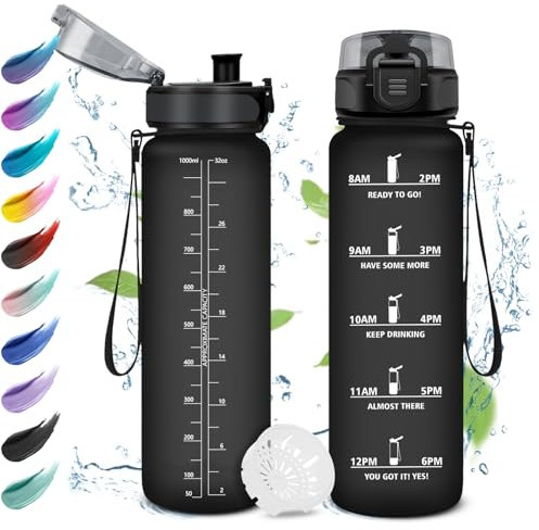 Botella de Agua 1L, Botella Agua con Filtro, Fácil de Abrir, Reutilizable, Botella Agua Motivacional a Prueba de Fugas, Garrafa Agua para Escuela, Colegio, Bebidas Carbonatadas, Bicicleta, Gimnasio