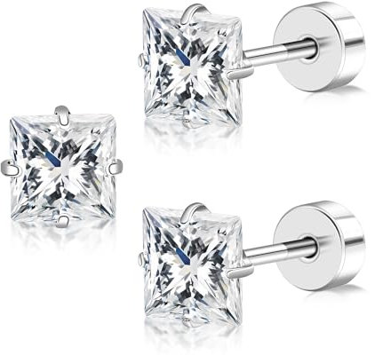 FACOKO Orecchini da donna, Orecchini in Titanio con Zirconi Quadrati Trasparenti 4mm/5mm, Chiusura Posteriore Piatta, Ipoallergenici per Sensibilità della Pelle (Squaer trasparente CZ-5MM)