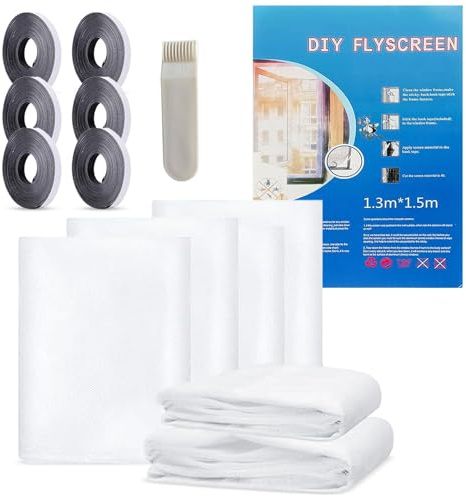 HKC 6 Mosquitera para Ventanas, 150cm * 130cm mosquitera con 6 Cintas Autoadhesivas, Recortable al Tamaño, Protección contra Insectos y Moscas (Blanco)