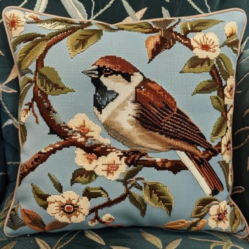 KnüpfKissen Set Erwachsene Kinder mit vordruck Spatz Vogel Baum Ast Blume knüpfteppich zum selber knüpfen Kissenbezug Anfänger DIY Handarbeit Stickerei Sets Handgemachtes Handwerk Sofa Wohnkultur 43x4