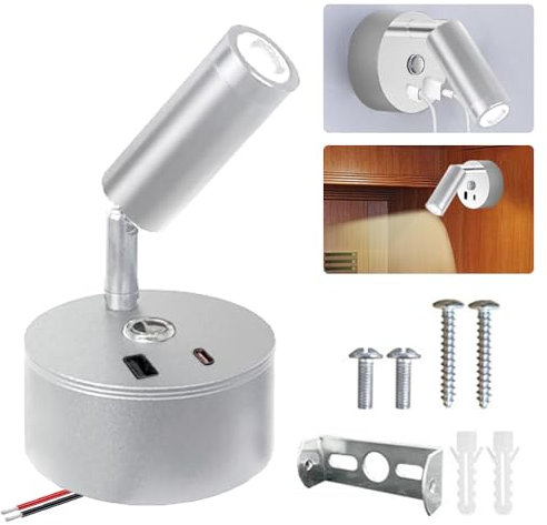 MEISHANG 12V LED Lampe Wohnmobil,Bettlampe mit USB und USB-C-Schnittstelle,3 Beleuchtungsmodi,Drehbare Wandlampe für Boot Wohnwagen Innenbeleuchtung Yacht, Fest verdrahtet Wandmontage (Silber)