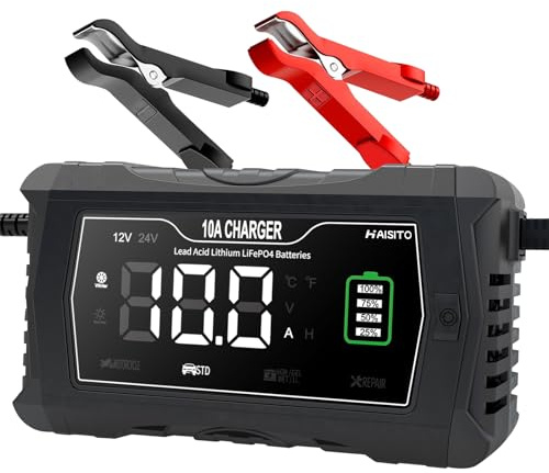 Haisito LiFePO4 - Caricabatteria da auto, 10 A, 12 V/24 V, batteria al litio al piombo-acido, caricatore vertebrale, adatto per auto, tosaerba, moto e altri caricabatterie