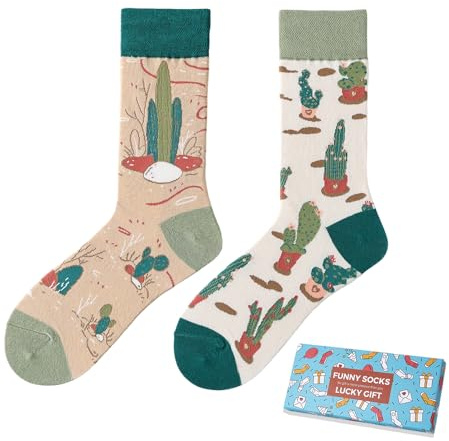 NxnChc Chaussettes Drôles Pour Femmes Et Hommes Unisexe Multi Motifs Cactus Animaux Nourriture Sport Art Coton Cadeau Design Asymétrique Gauche-Droite