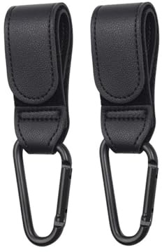 Pack de 2 ganchos universales de cuero para cochecitos, para bolsas, cochecitos, remolques, andadores, sillas de ruedas, remolques de bicicleta (Negro)