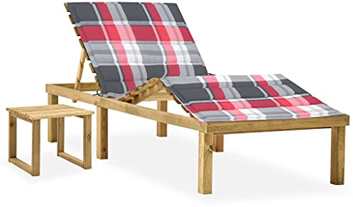 SKTQYQO Gartenliege aus imprägniertem Kiefernholz mit Couchtisch und Kissen mit rotem Karo, verstellbare Rückenlehne und verstellbare Fußstütze zum Entspannen im Freien, Outdoor-Möbel